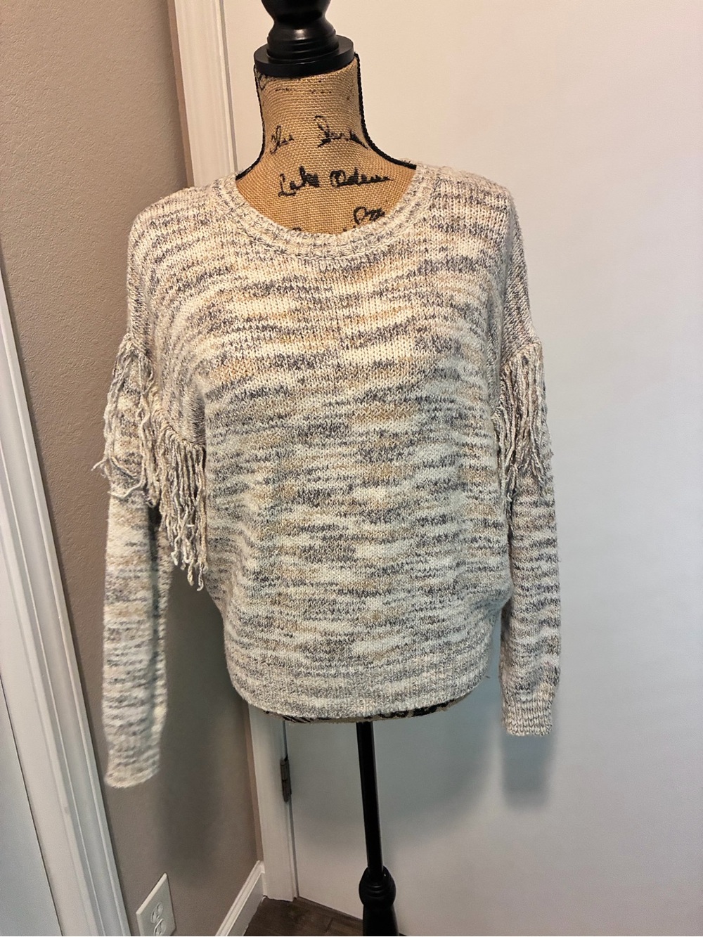 Calvin Klein Cream Heather Fringe Crewneck Sweater